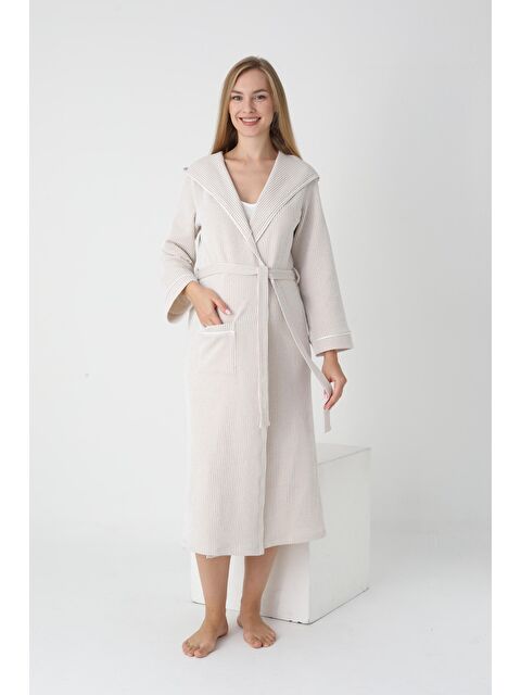 MİSS DÜNYA LİSSA Bej Beyaz Kapüşonlu Hamile ve Lohusa Çizgili Uzun Sabahlık - S000497487-37198