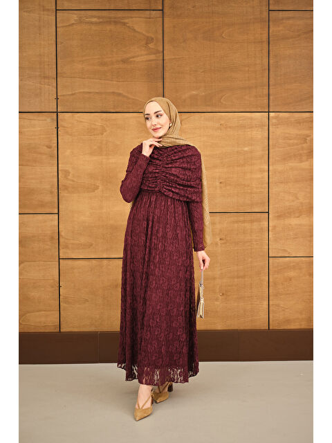 Locco Moda Kadın Kendinden Desenli Tül Detay Beli Lastikli Elbise Bordo - S000513624-19951