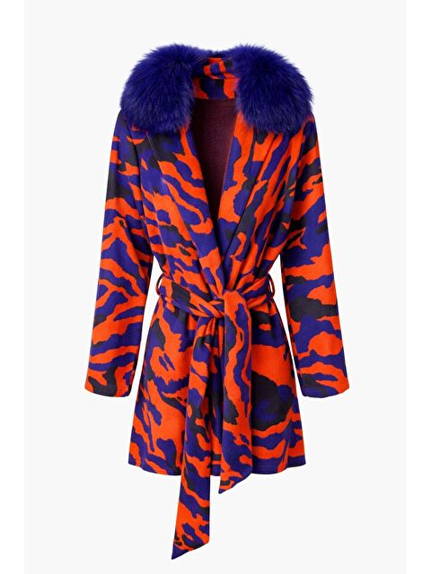 Mizalle Nar Çiçeği Kürk Yakalı Mavi Kırmızı Desenli Kemerli Hırka - S000511187-23173