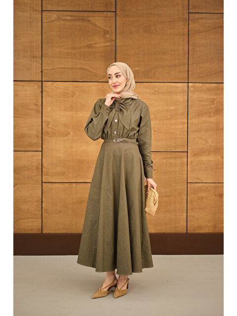 Locco Moda Kadın Süs Dikiş Detay Kemerli Elbise Haki Yeşil