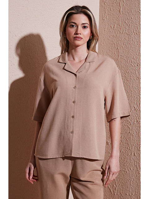 Fashion Friends Keten Karışımlı Standart Fit Kısa Kollu Gömlek 25Y0605K1 - S000375844-19928