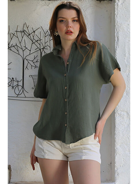 Chiccy Haki Gömlek Yaka Kısa Kol Düğmeli Yıkamalı Casual Müslin Dokuma Gömlek 68 60 - S000367598-18547