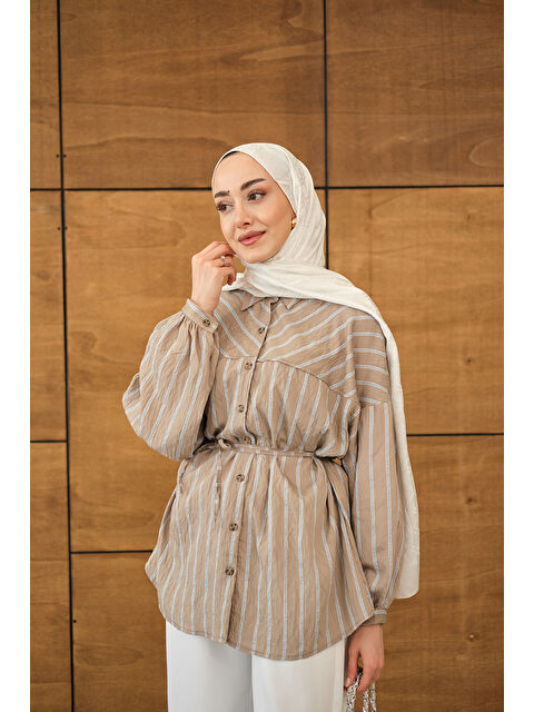 Locco Moda Kadın Çizgi Detaylı Salaş Gömlek Vizon - S000529908-26429