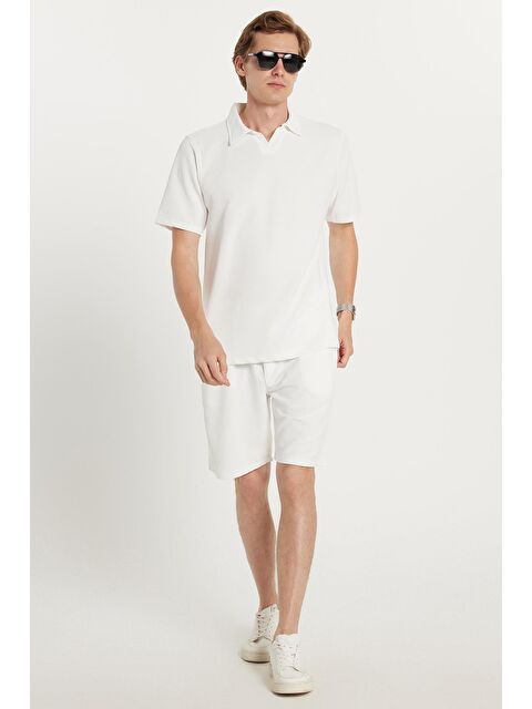 TUDORS Erkek Standart Fit Normal Kesim Pamuklu Polo Yaka Beli Bağcıklı Beyaz Şort Takım - S000518743-20063