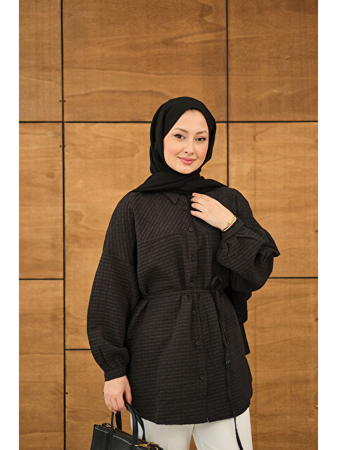 Locco Moda Kadın Kabartma Kare Desenli Gömlek Siyah - S000529909-19351