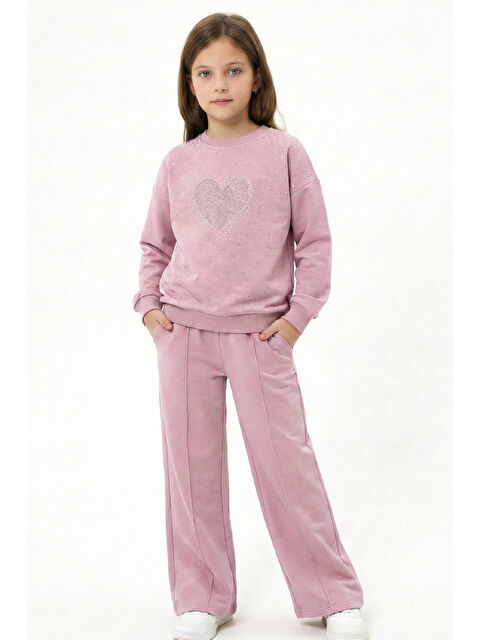 Modanino Kız Çocuk Taş Süslemeli Kalp Desenli 2 İplik Alt-Üst Takım 4-12 Yaş 12513 - S000510835-23490