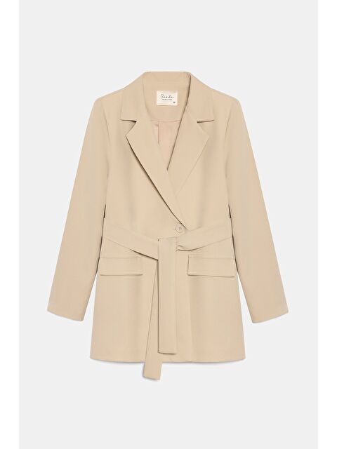 Saade Bej Kadın Tek Düğmeli Dokuma Kruvaze Blazer Ceket - Kuşaklı - S000497488-19928