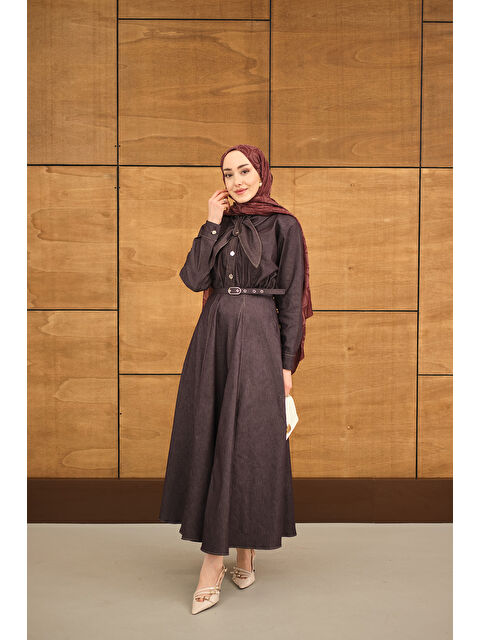 Locco Moda Kadın Süs Dikiş Detay Kemerli Elbise Mürdüm