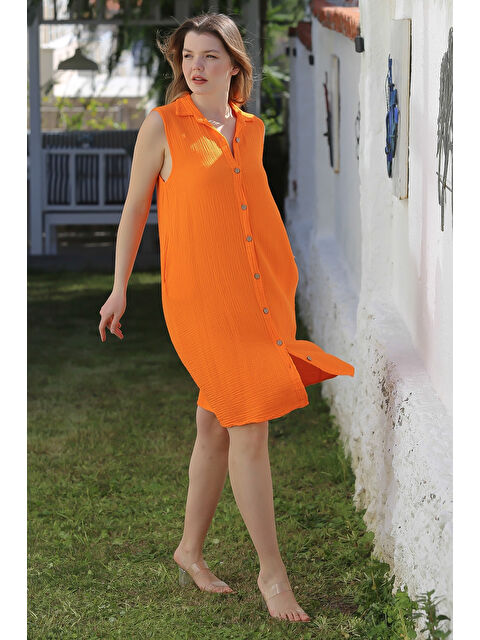 Chiccy Turuncu Gömlek Yaka Kolsuz Düğmeli Cepli Yıkamalı Casual Müslin Dokuma Elbise 105 60 - S000367616-20013