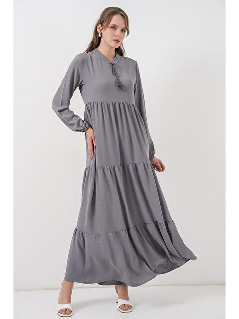 Bigdart T1627 Yaka Bağcıklı Elbise - Gri - S000119593-20600