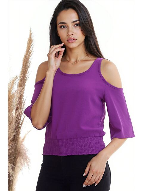 carla10 Ayrobin Omuzu Açık Beli Lastikli Kısa Kol Bluz MOR - S000499928-20042
