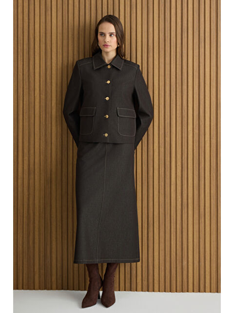 AKER Kahverengi Denim Görünümlü Etek - S000494414-19413