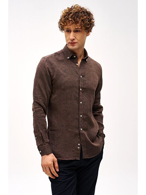 igs Kahve Dynamic Fit Düğmeli Yaka Düz Uzun Kollu Cepsiz %100 Keten Gömlek - S000490113-19413