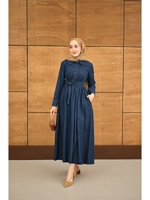 Locco Moda Kadın Büzgü Detay Yarım Düğmeli Bel Bağlamalı Jean Elbise Lacivert