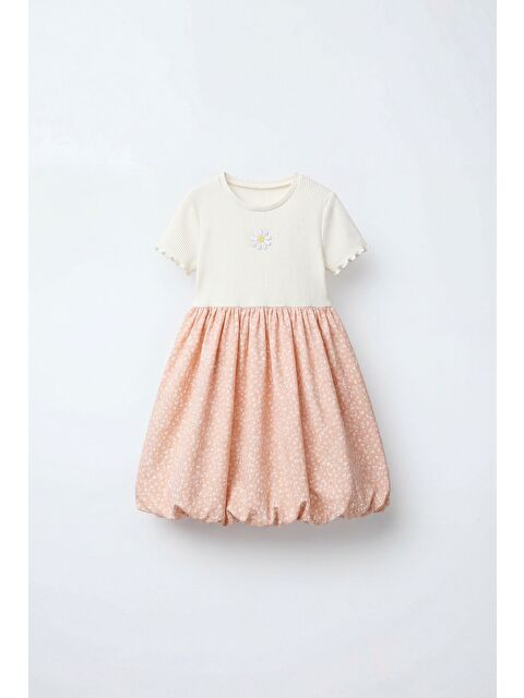 Magu Kız Çocuk Pamuklu Ekru Pembe Papatya Detaylı Elbise - Desenli Balon Etekli