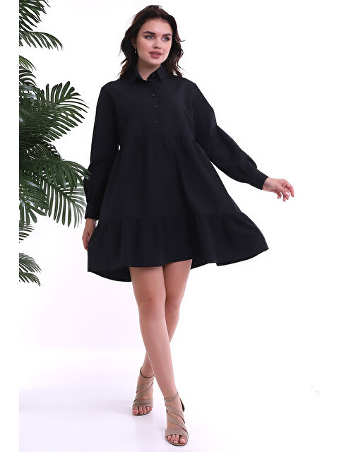 carla10 TerryCotton Gömlek Yaka Patlı Katlı Uzun Kol Elbise SIYAH - S000499930-19351