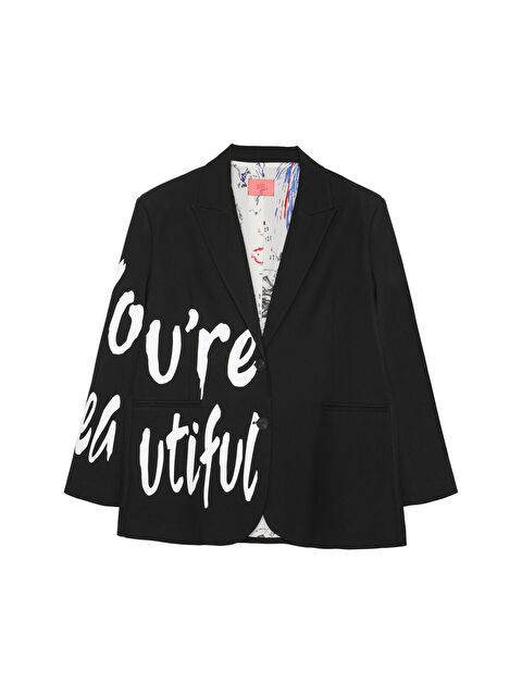 QUZU İçi Şal Desenli Yazılı Blazer Ceket Siyah - S000269281-19351