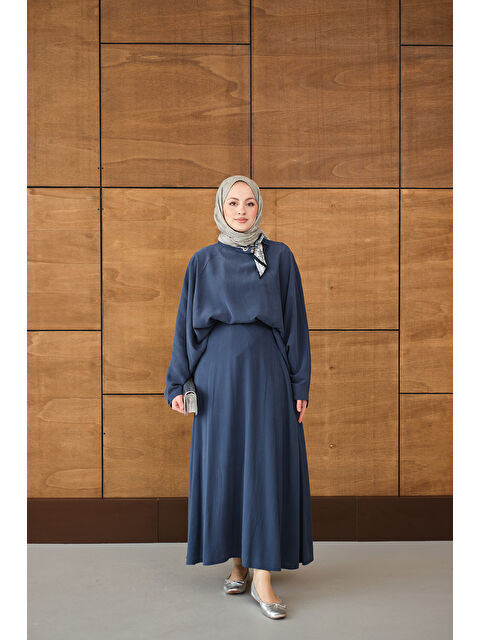 Locco Moda Kadın Pelerin Kol Yandan Fular Detaylı Takım Lacivert