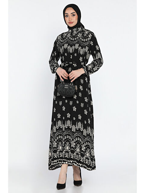 Julude Desenli Bel Kuşaklı Tesettür Viskon Elbise - S000361232-5300
