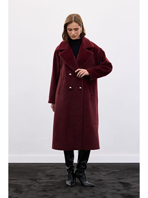 SATEEN Düğme Detaylı Uzun Kaban - Bordo - S000464650-19951