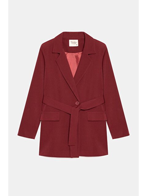 Saade Bordo Kadın Tek Düğmeli Dokuma Kruvaze Blazer Ceket - Kuşaklı - S000497488-19951