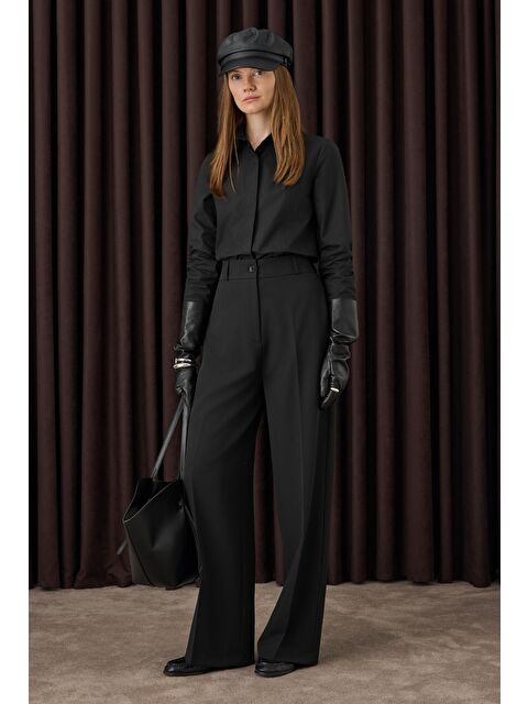 HE-QA Çift Pileli Palazzo Pantolon Siyah - S000482406-19351