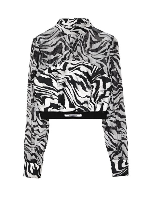 QUZU Zebra Desenli Beli Lastikli Tül Bluz Siyah - S000269295-19351