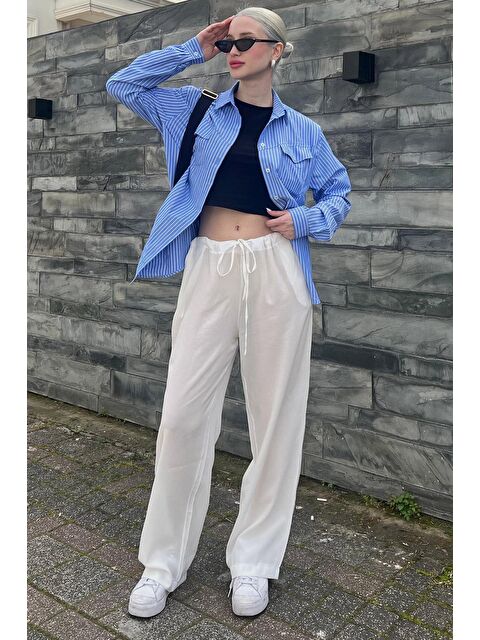 Madmext Beyaz Krinkıl Kumaş Basic Kadın Plaj Pantolon Mg1778 - S000030982-20063