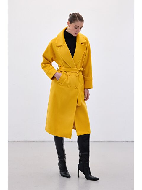 SATEEN Beli Bağlamalı Uzun Kaban - Sarı - S000474611-20072