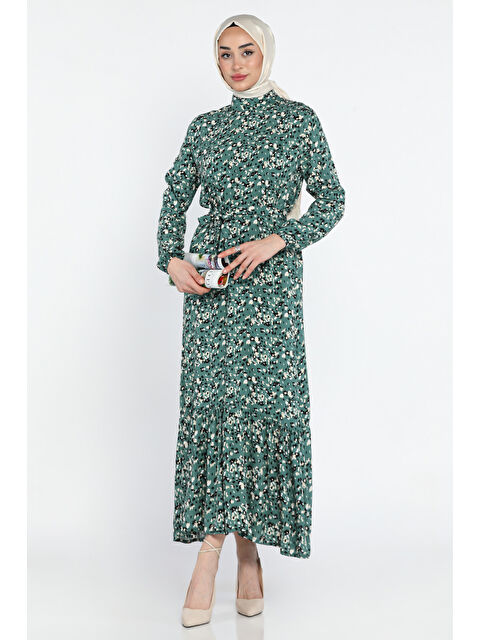 Julude Bel Kuşaklı Desenli Viskon Tesettür Elbise - S000361228-1180
