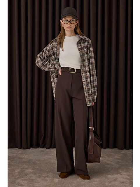 HE-QA Çift Pileli Palazzo Pantolon Acı Kahve - S000482406-28102