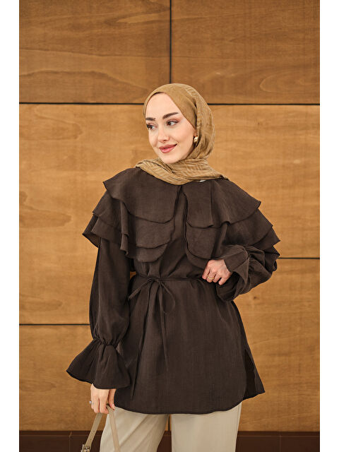 Locco Moda Kadın Geniş Katlı Yaka Bel Bağlamalı Tunik Kahverengi - S000529913-19413