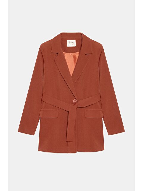 Saade Kiremit Kadın Tek Düğmeli Dokuma Kruvaze Blazer Ceket - Kuşaklı - S000497488-18657