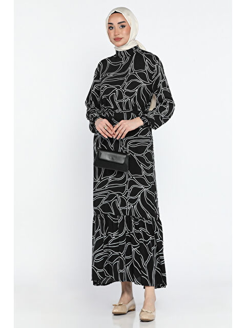 Julude Bel Bağlamalı Desenli Tesettür Viskon Elbise - S000361235-19351