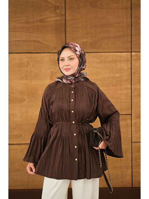 Locco Moda Kadın Martha Düğmeli Belden Bağlamalı Gömlek Kahverengi - S000529915-19413