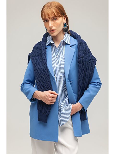 Saade İndigo Kadın Tek Düğmeli Dokuma Kruvaze Blazer Ceket - Kuşaklı - S000497488-23093