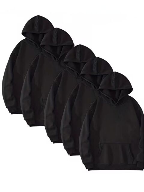 Trendseninle 5Li Set Siyah Düz Kapüşonlu Oversize Sweatshirt - S000482407-19351