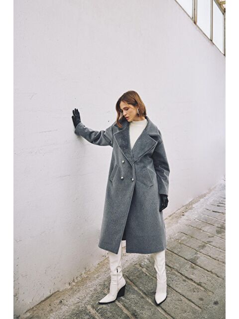 SATEEN Düğme Detaylı Uzun Kaban - Antrasit - S000464650-29666