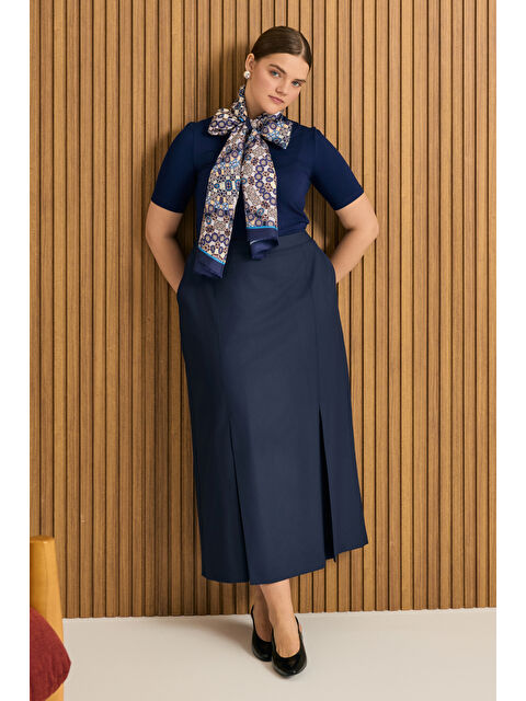 AKER Lacivert Etek Ucu Pili Detaylı Etek - S000494415-21164