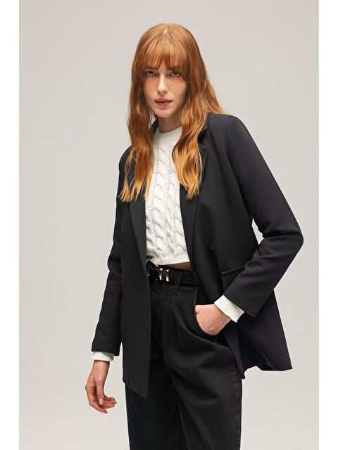 Saade Siyah Kadın Tek Düğmeli Dokuma Kruvaze Blazer Ceket - Kuşaklı - S000497488-19351