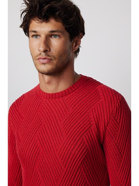 TUDORS Bisiklet Yaka Desenli Yumuşak Dokulu Erkek Kırmızı Kazak