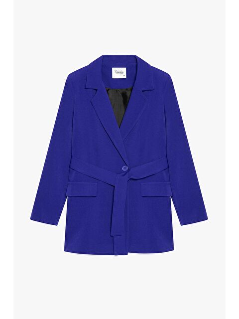 Saade Saks Mavi Kadın Tek Düğmeli Dokuma Kruvaze Blazer Ceket - Kuşaklı - S000497488-23710