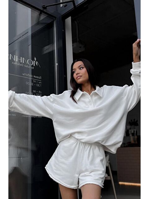 Madmext Ekru Polo Yaka Kadın Şort Sweatshirt Takım Mg2375 - S000386057-19965
