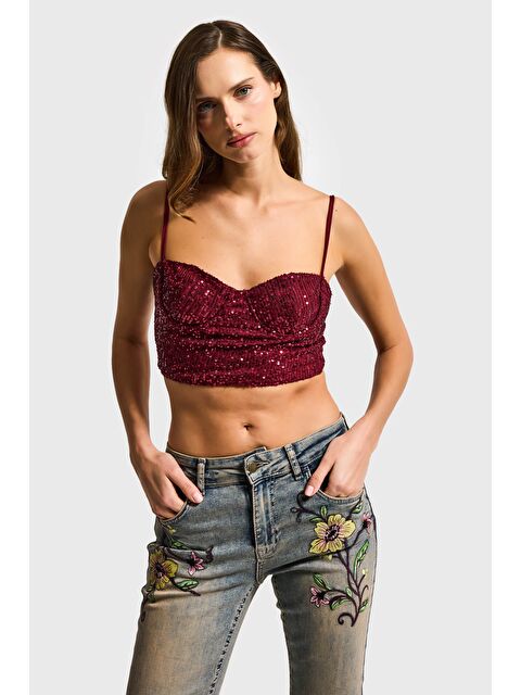 It's Basic Kadın Bordo Renk Pul Payet Detaylı Askılı Büstiyer - S000498038-19951
