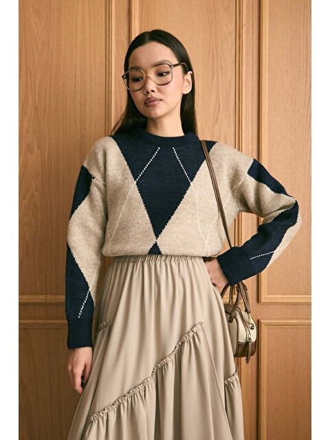 Ceylan Otantik Vizon Baklava Desen Triko Kazak - S000497489-26429