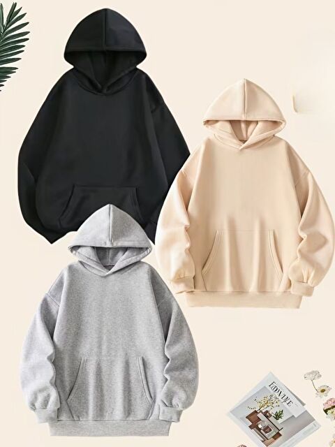 Trendseninle 3Lü Set Siyah Bej Gri Düz Kapüşonlu Oversize Sweatshirt - S000482410-23173
