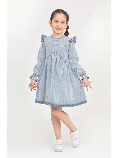 Modanino Kız Çocuk Papatya Nakışlı Omuz Fırfırlı Jean Elbise 12466 - S000487477-17437