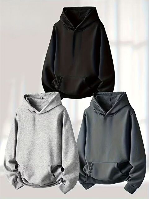 Trendseninle 3Lü Set Siyah Füme Gri Düz Kapüşonlu Oversize Sweatshirt - S000482410-27206