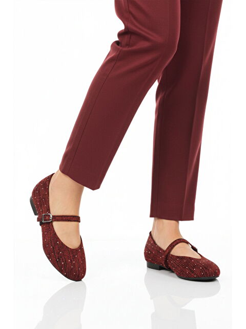 Ayakmod Bordo Hafif Esnek Taş İşlemeli Kadın Babet Ayakkabı 666158 Z - S000514959-19951