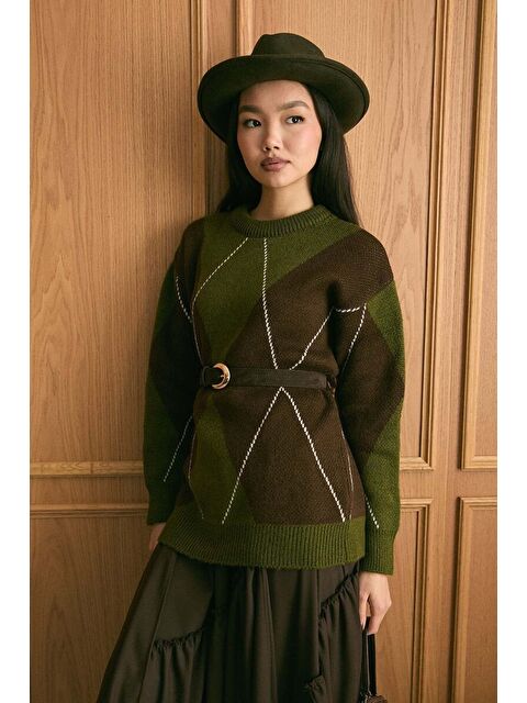 Ceylan Otantik Zeytin Yeşili Baklava Desen Triko Kazak - S000497489-17346